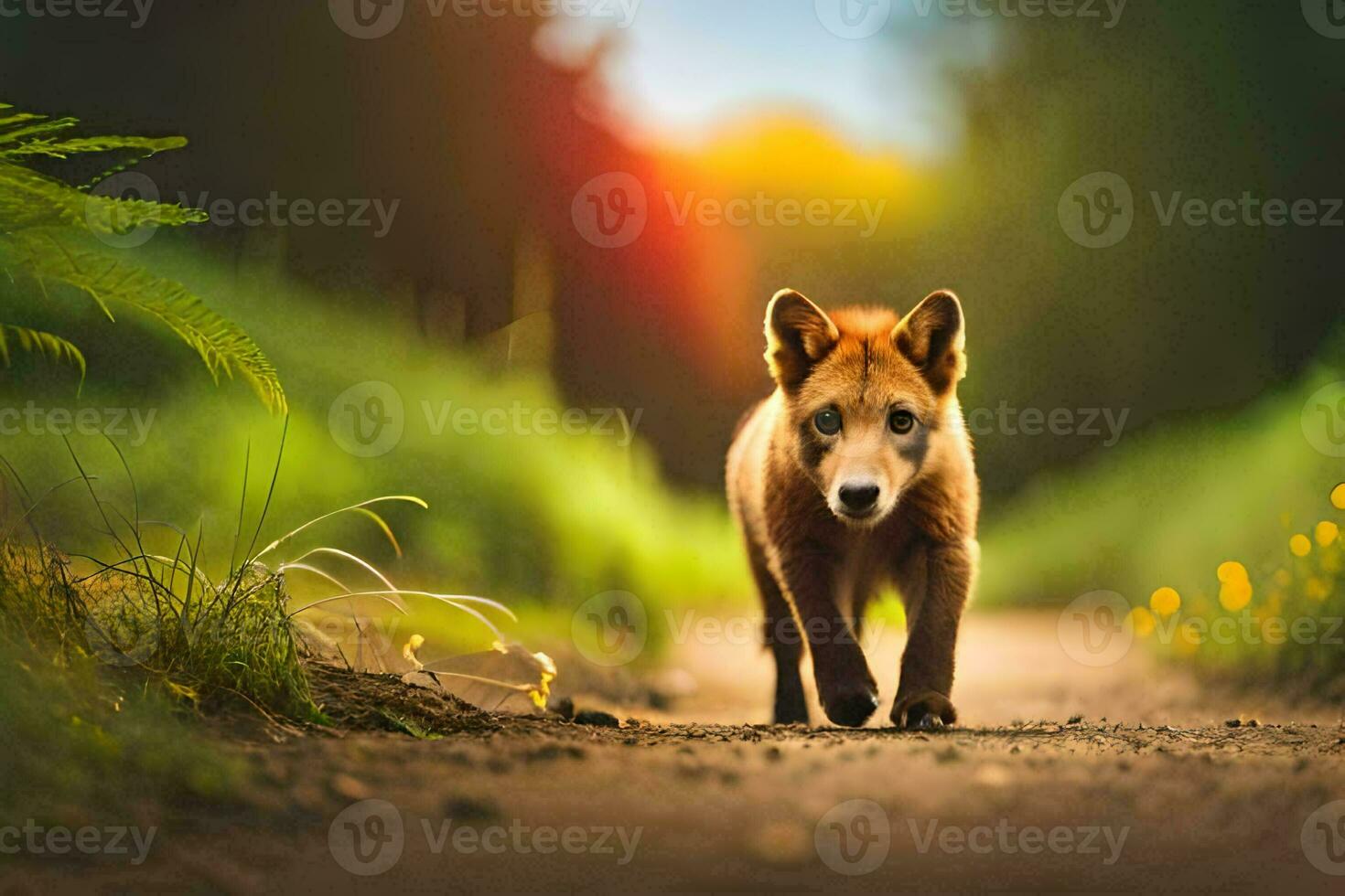 photo fond d'écran le soleil, animal, Renard, le forêt, le route, le animal, le. généré par ai