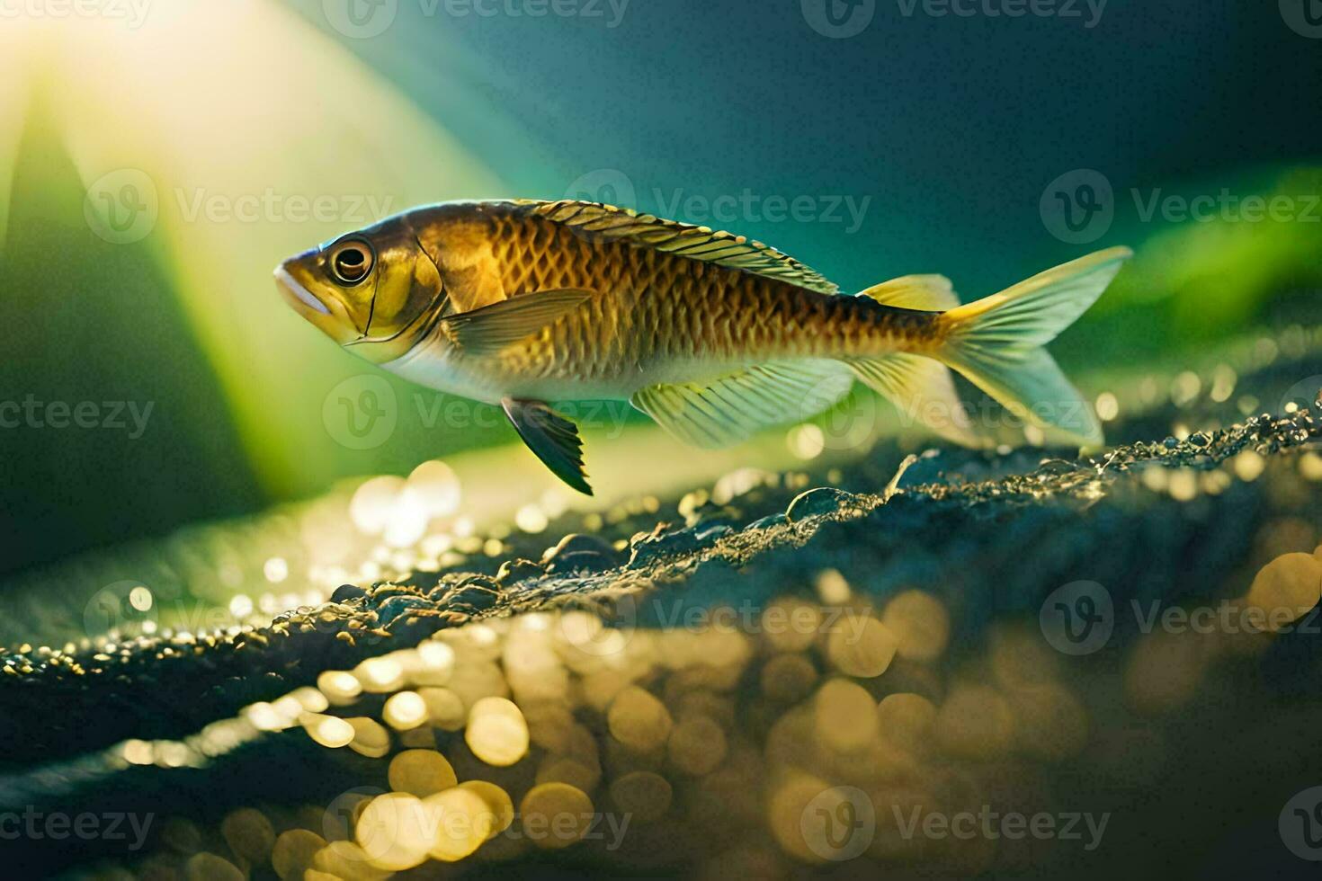 une poisson nager dans le l'eau avec lumière du soleil brillant. généré par ai photo