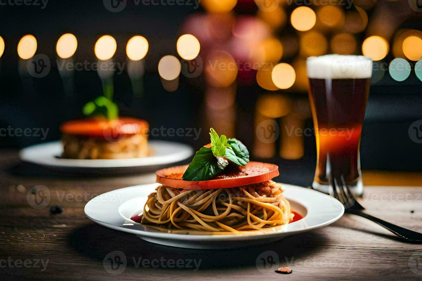 une assiette de spaghetti avec tomate et basilic sur une en bois tableau. généré par ai photo