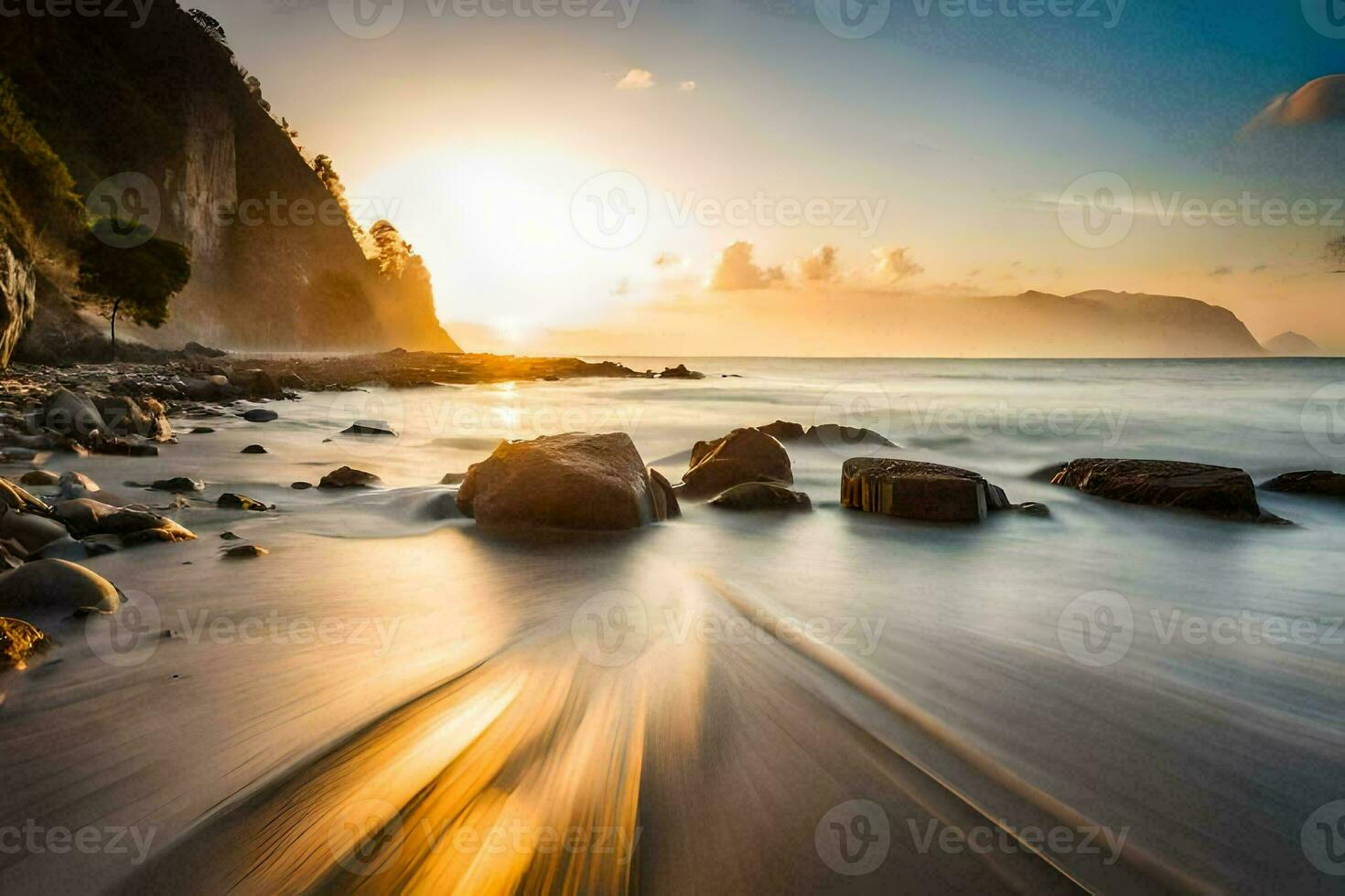 le Soleil ensembles plus de le océan dans cette longue exposition photographier. généré par ai photo