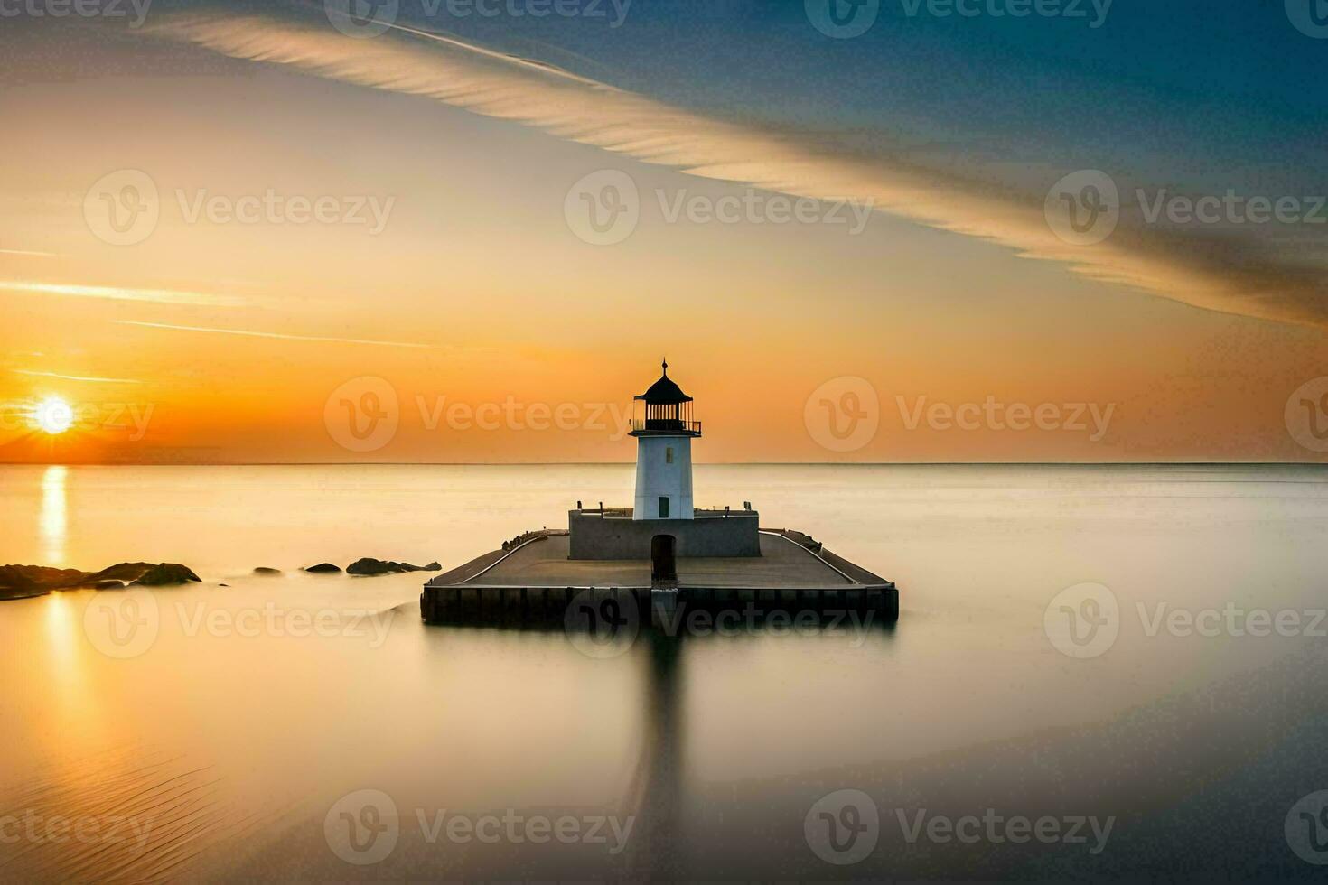 une phare est assis sur le l'eau à le coucher du soleil. généré par ai photo