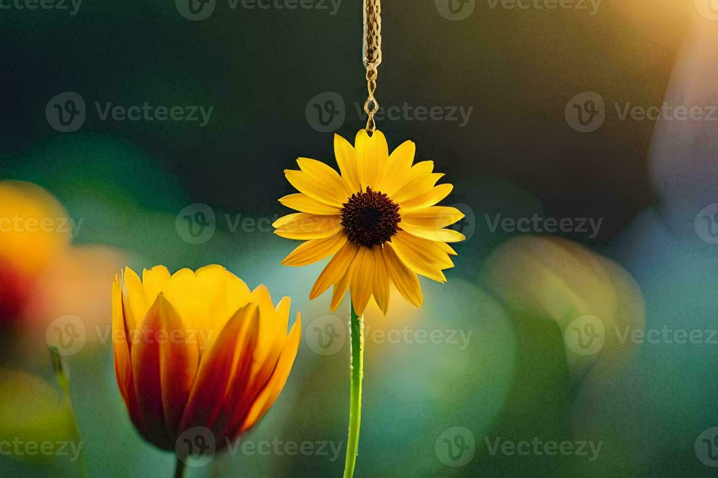 Jaune tournesol pendaison de une chaîne avec une rouge fleur. généré par ai photo