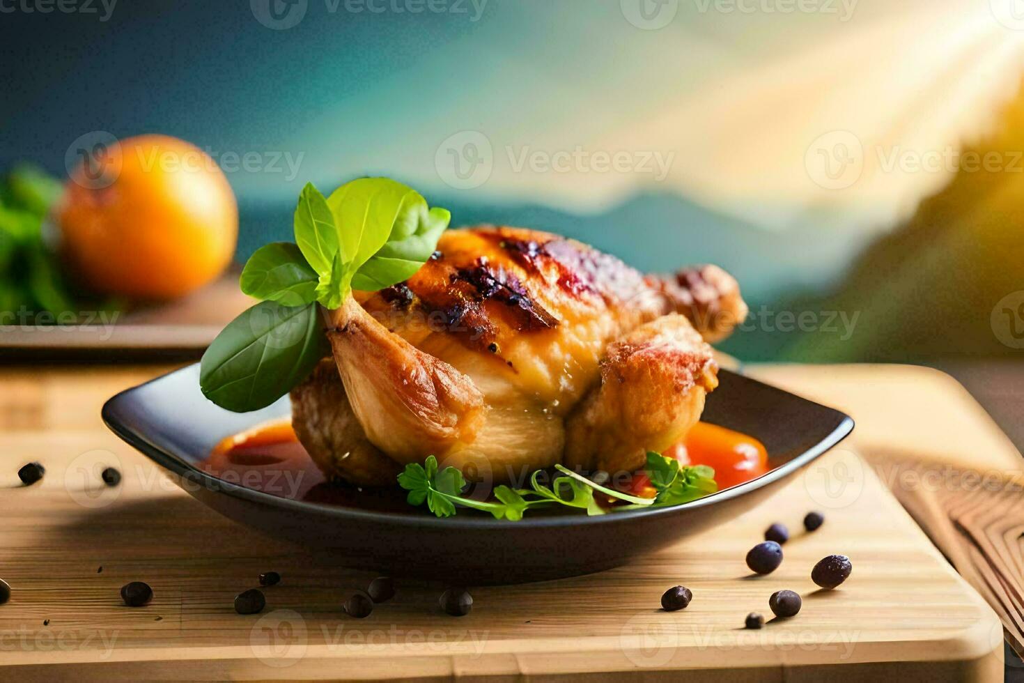 grillé poulet sur une assiette avec herbes et des légumes. généré par ai photo