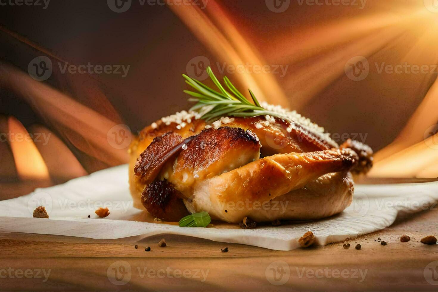 une poulet sur une serviette de table avec herbes et épices. généré par ai photo