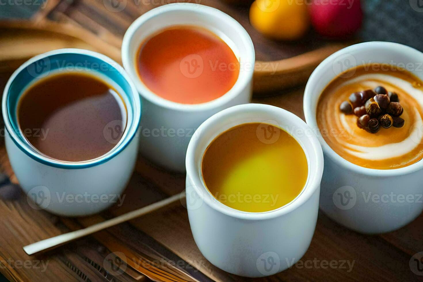 quatre tasses de café avec différent couleurs. généré par ai photo