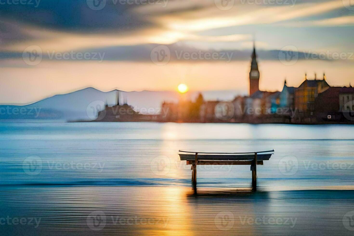 une banc est assis sur le l'eau à le coucher du soleil. généré par ai photo