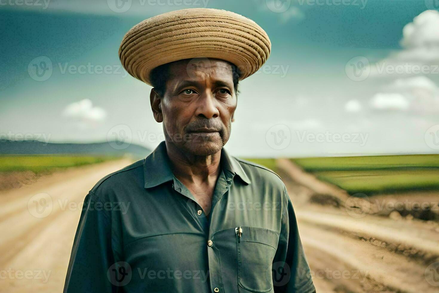 une homme portant une chapeau des stands sur une saleté route. généré par ai photo