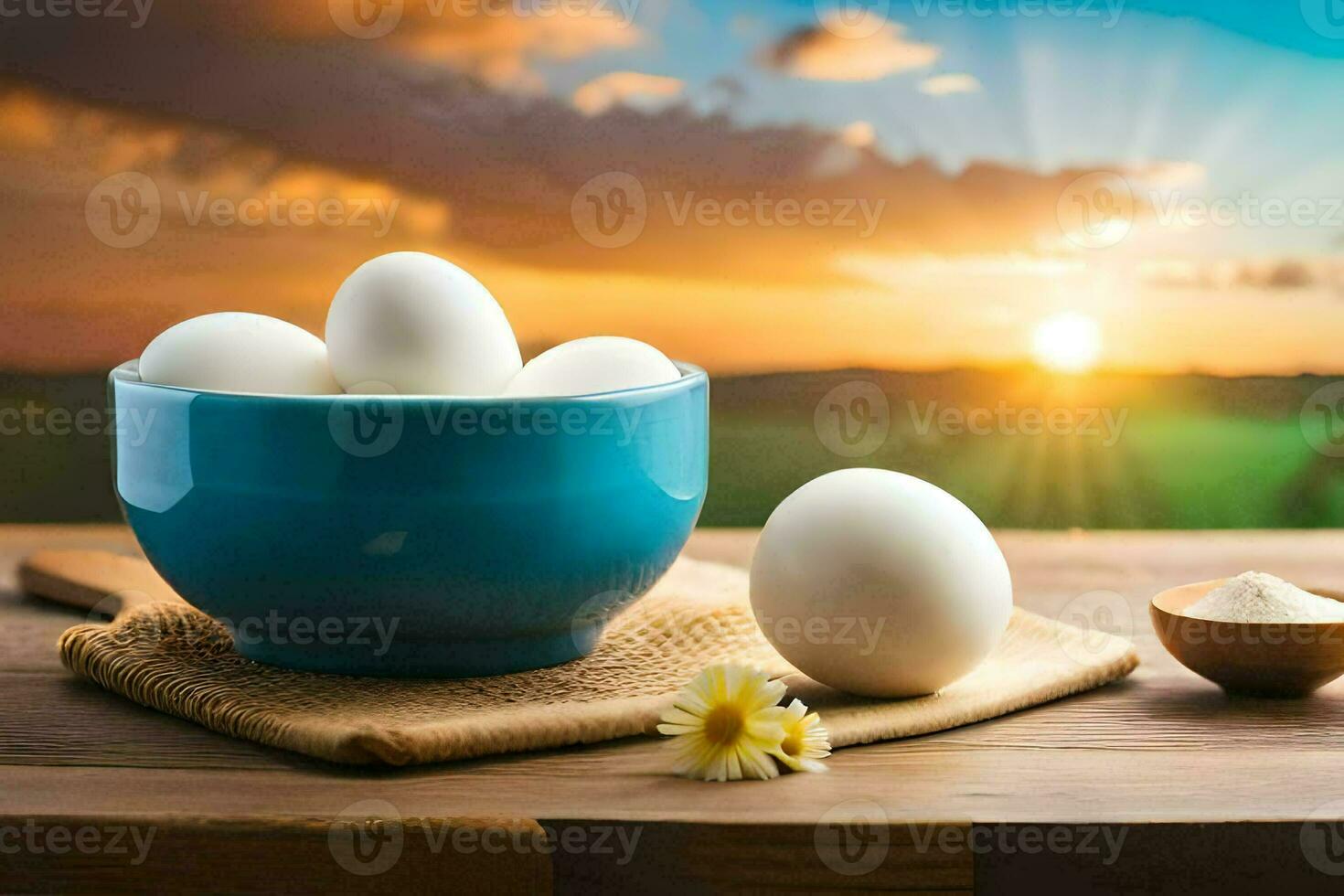 des œufs dans une bol sur une table avec une le coucher du soleil dans le Contexte. généré par ai photo