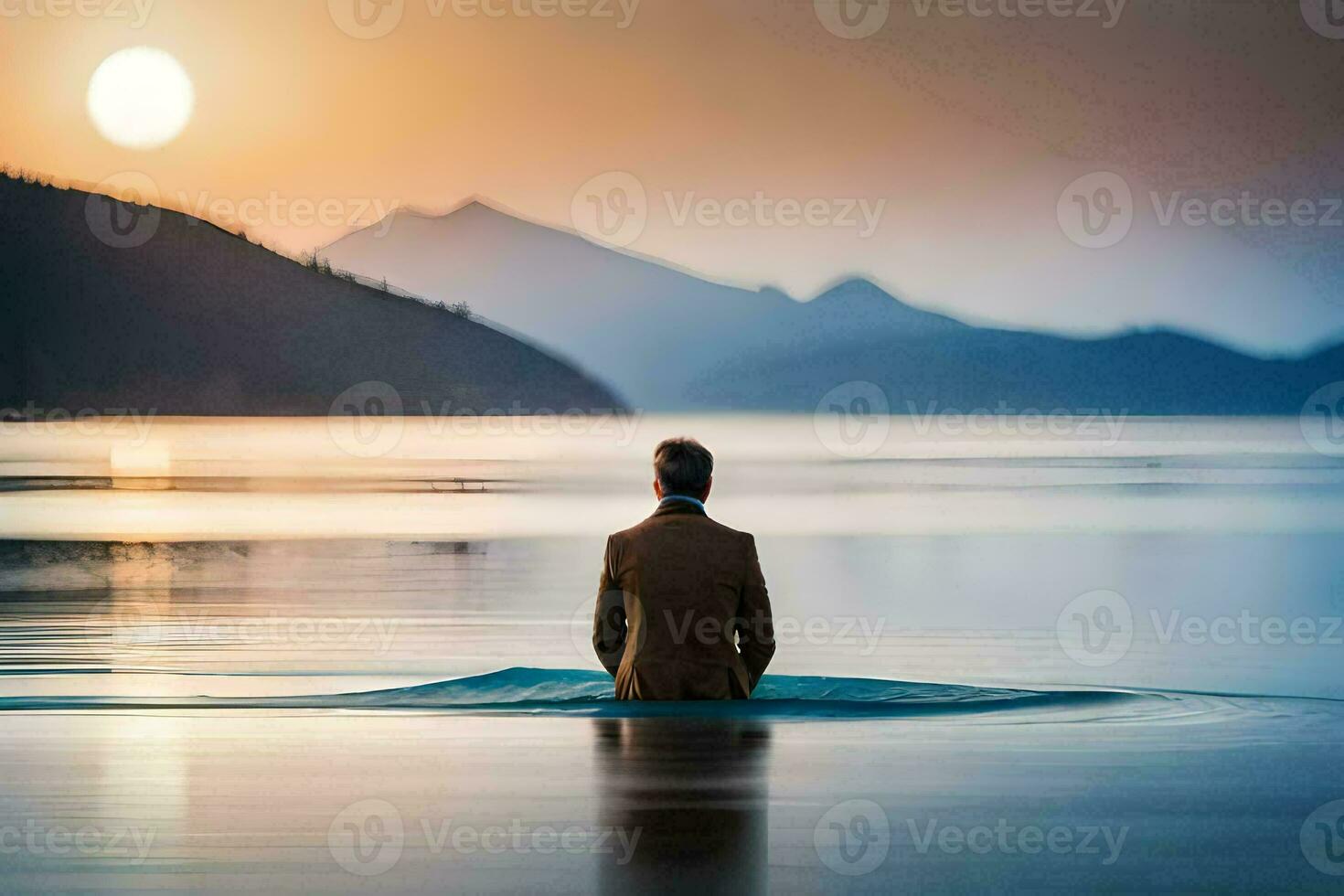 une homme séance sur une planche de surf dans le milieu de une Lac à le coucher du soleil. généré par ai photo