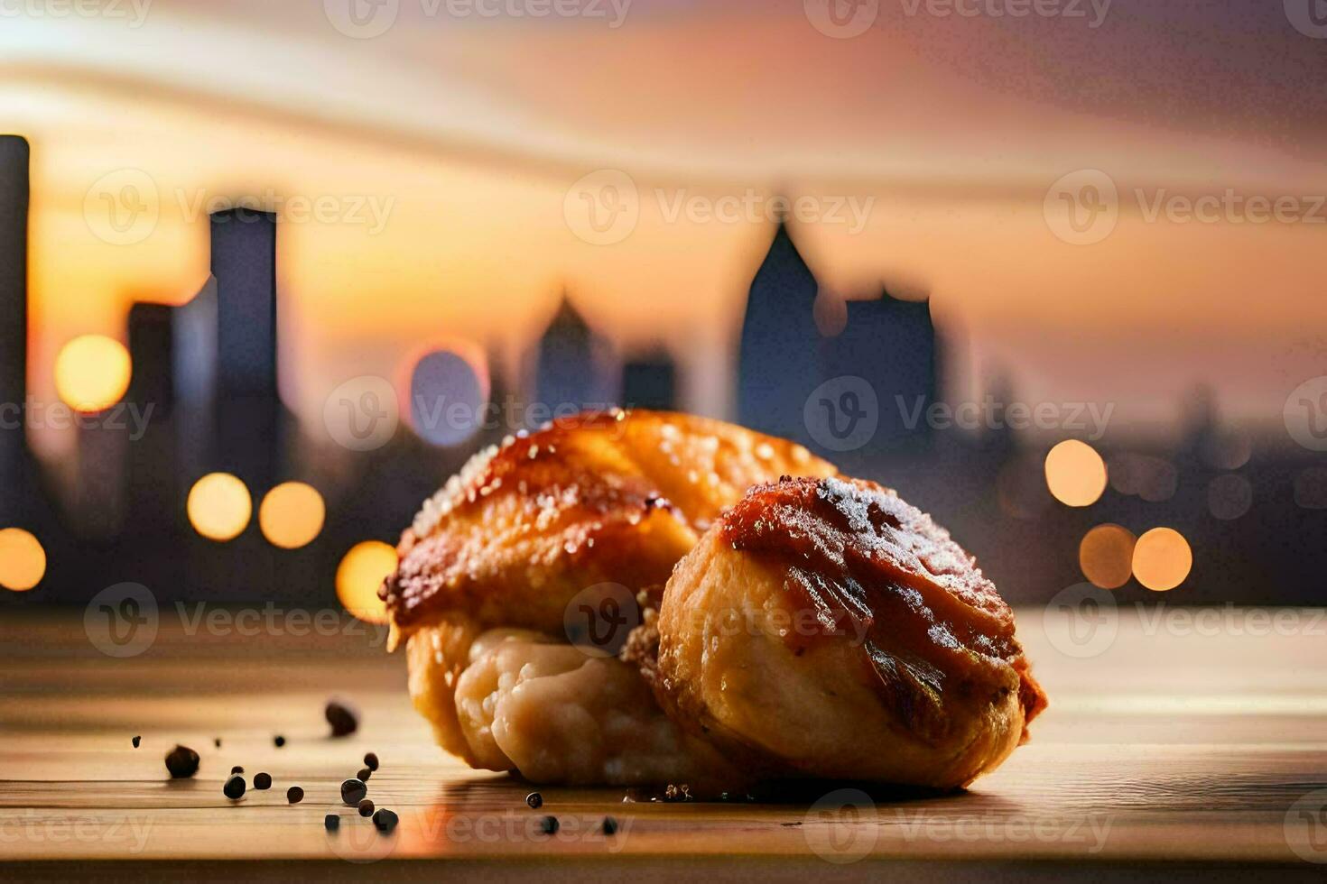 une pièce de nourriture séance sur une table avec une paysage urbain dans le Contexte. généré par ai photo