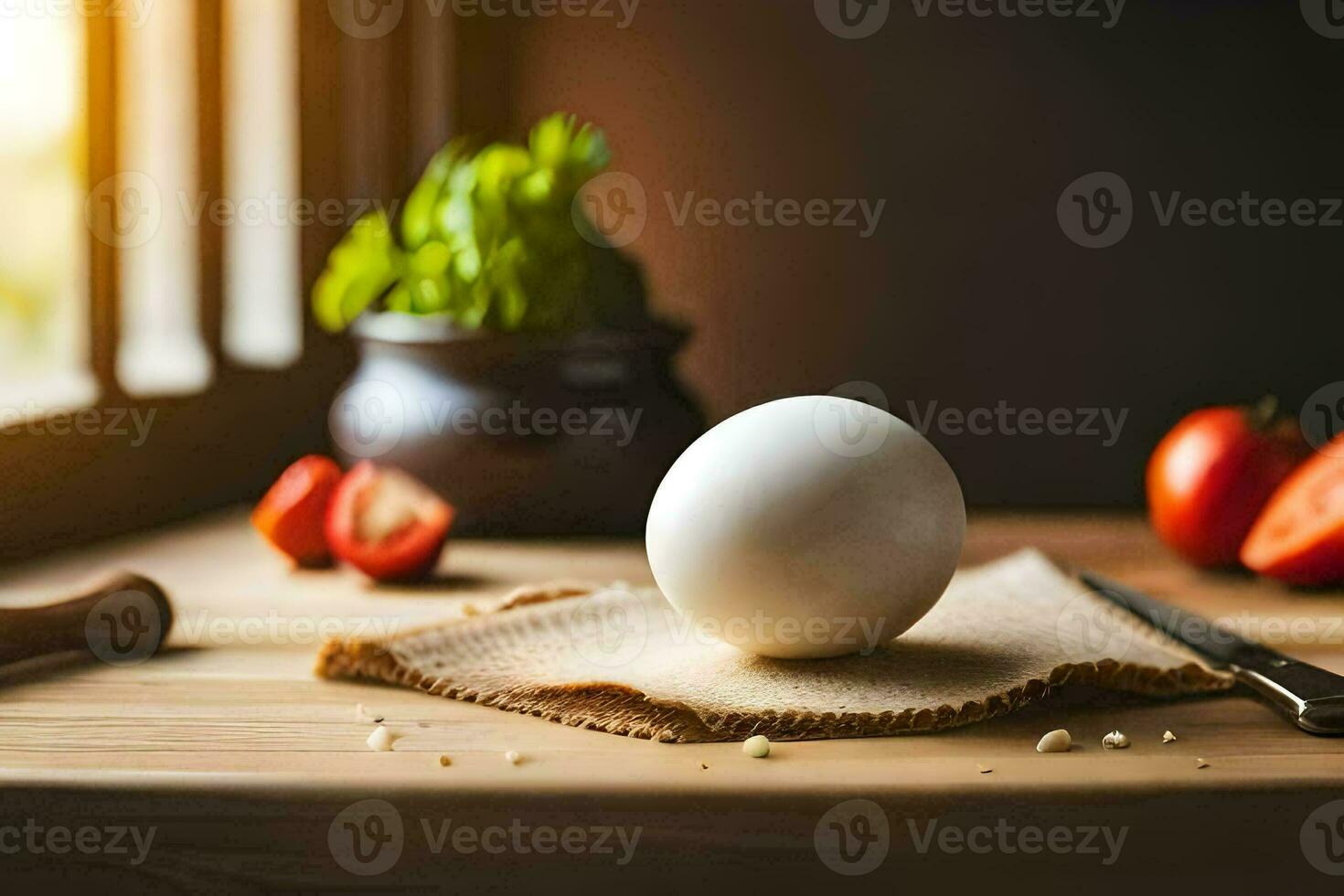 un Oeuf séance sur une en bois table avec tomates et une couteau. généré par ai photo