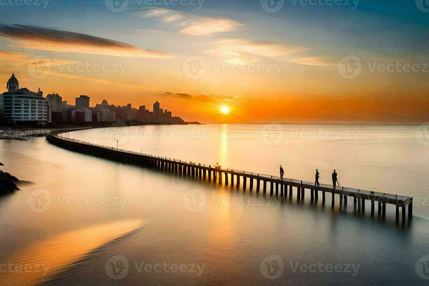 le Soleil ensembles plus de le océan et jetée dans cette photo. généré par ai photo