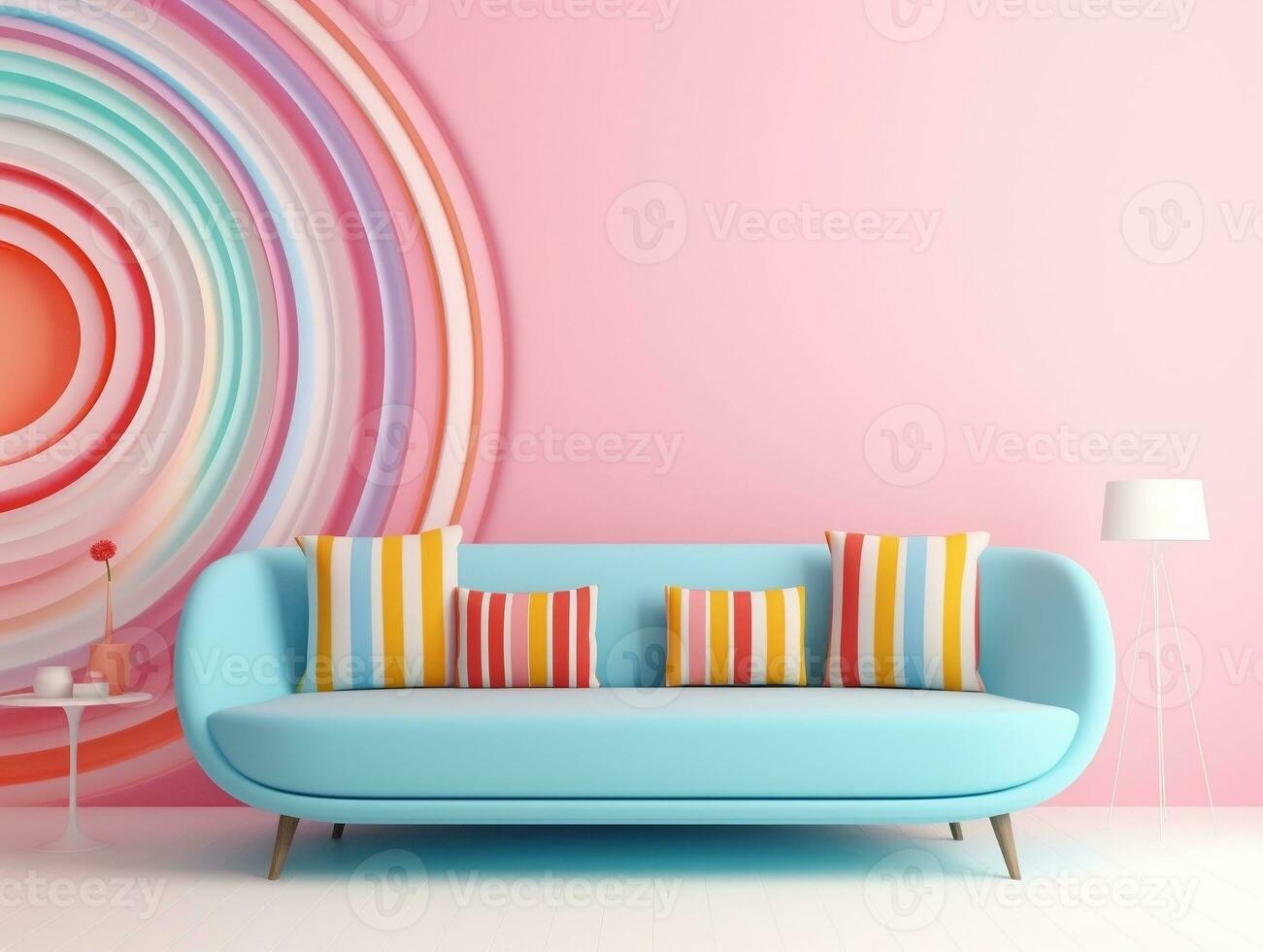 pastel multicolore vibrant sensationnel rétro rayé Contexte mur Cadre avec brillant canapé intérieur Accueil conception génératif ai photo