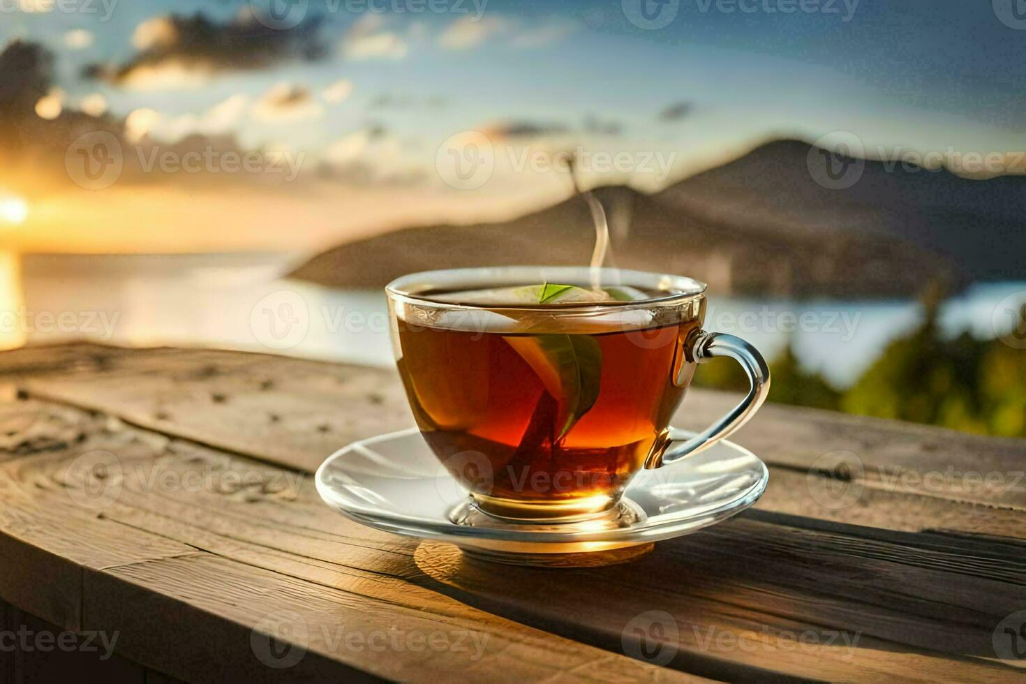 une tasse de thé sur une en bois table avec une vue de le le coucher du soleil. généré par ai photo