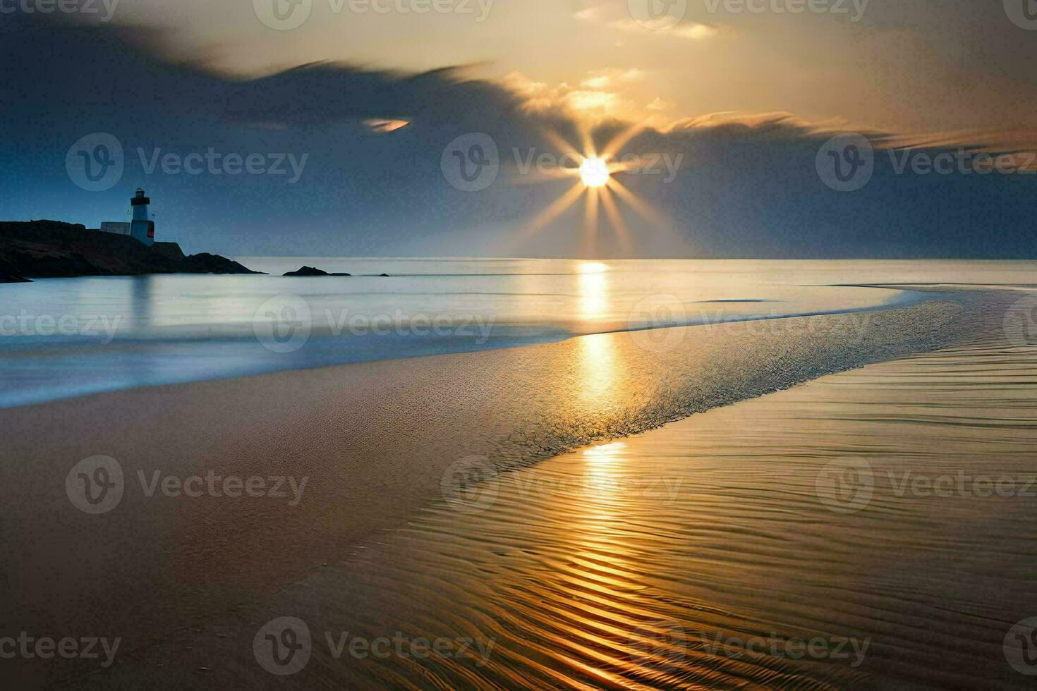 le Soleil monte plus de le océan et une phare. généré par ai photo