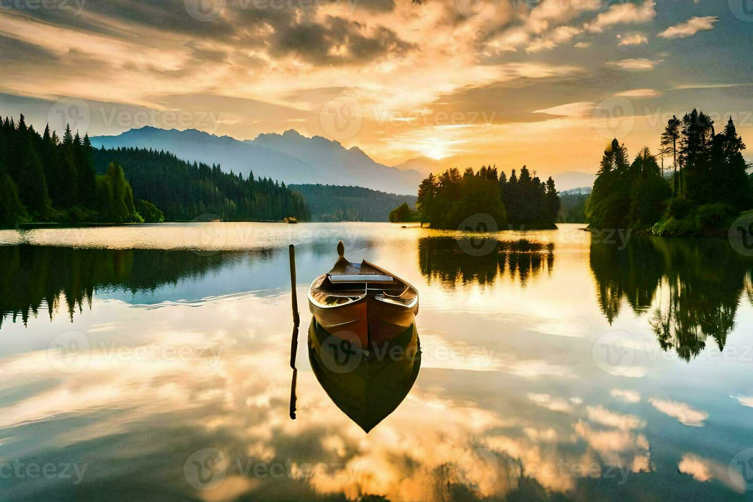 une bateau est flottant sur une Lac à le coucher du soleil. généré par ai photo