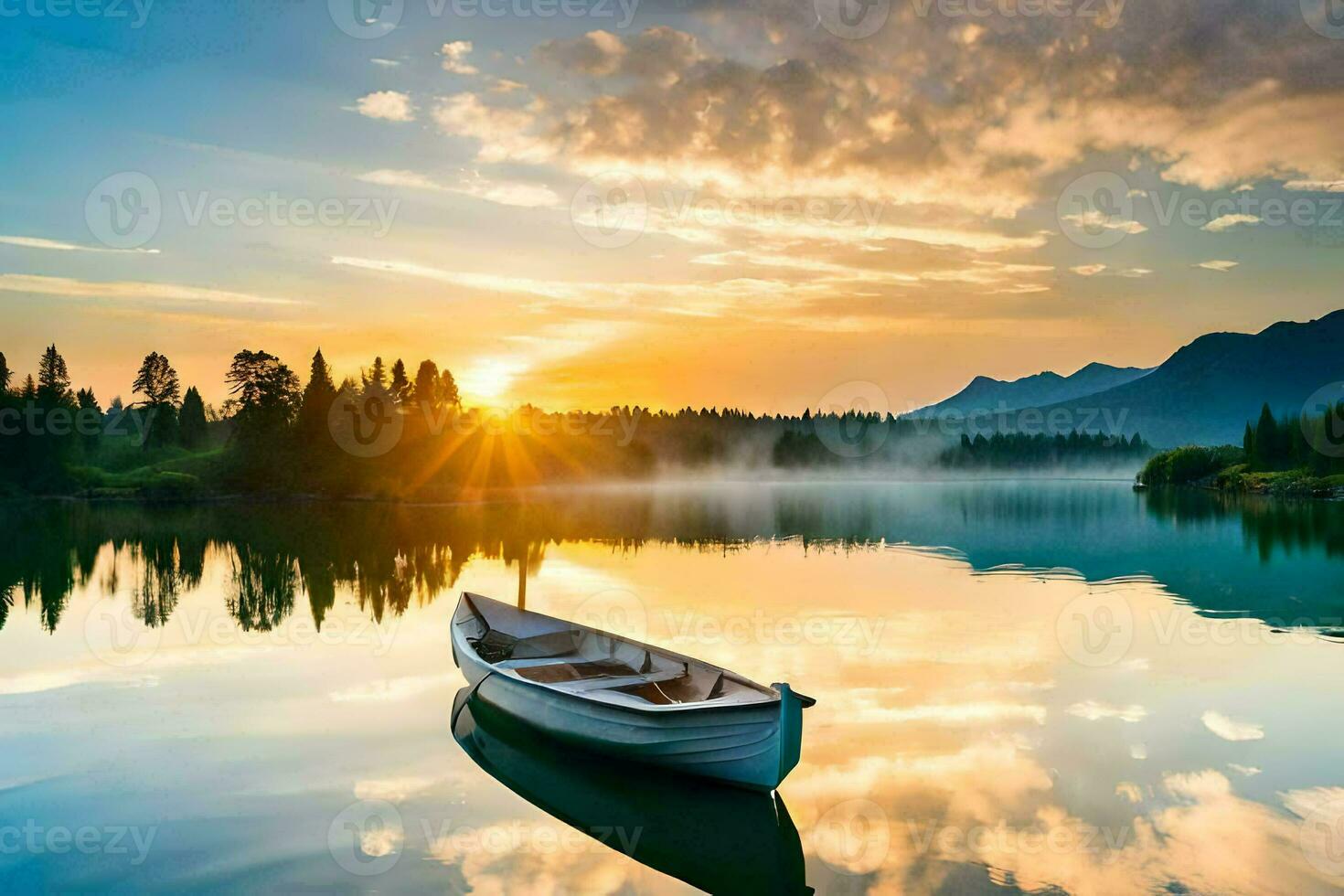 le bateau sur le Lac à le coucher du soleil. généré par ai photo