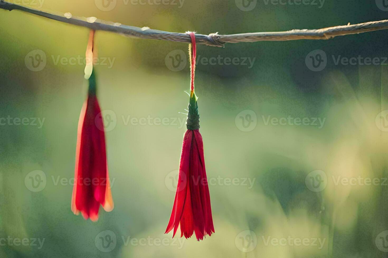 rouge pompons pendaison de une branche. généré par ai photo