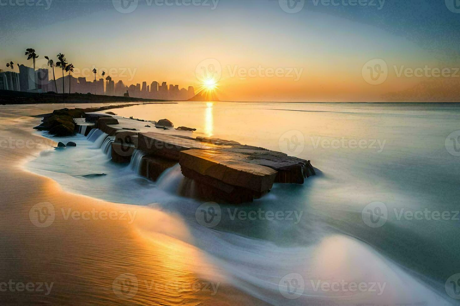 le Soleil ensembles plus de le océan et vagues. généré par ai photo