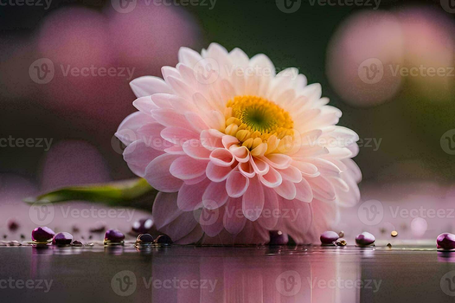 une Célibataire rose fleur est assis sur le l'eau avec violet perles. généré par ai photo