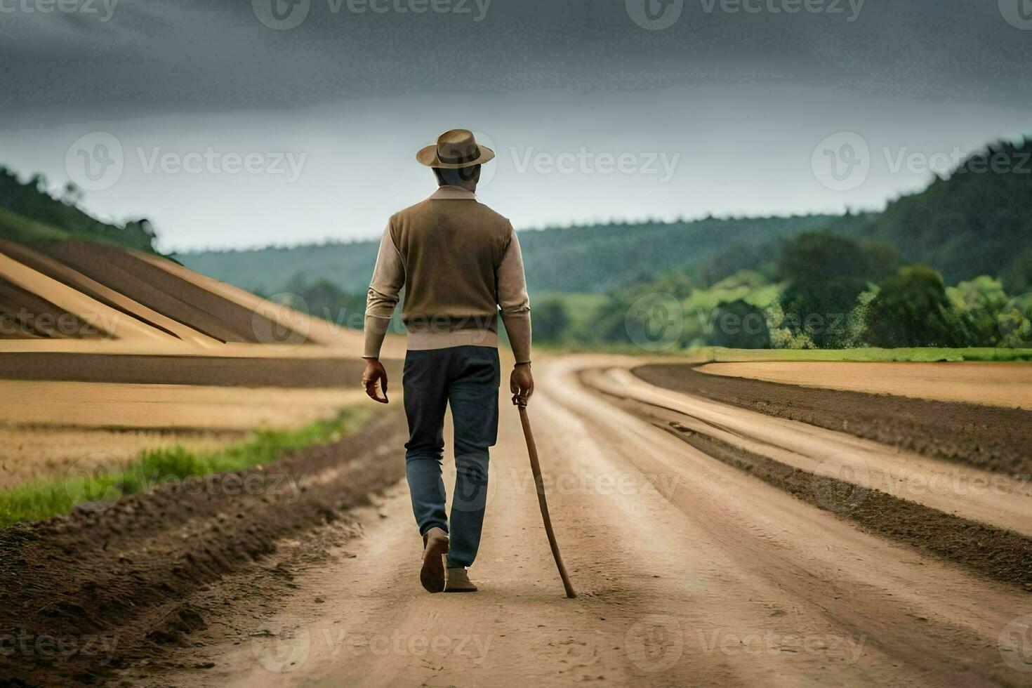 une homme en marchant vers le bas une saleté route avec une canne. généré par ai photo