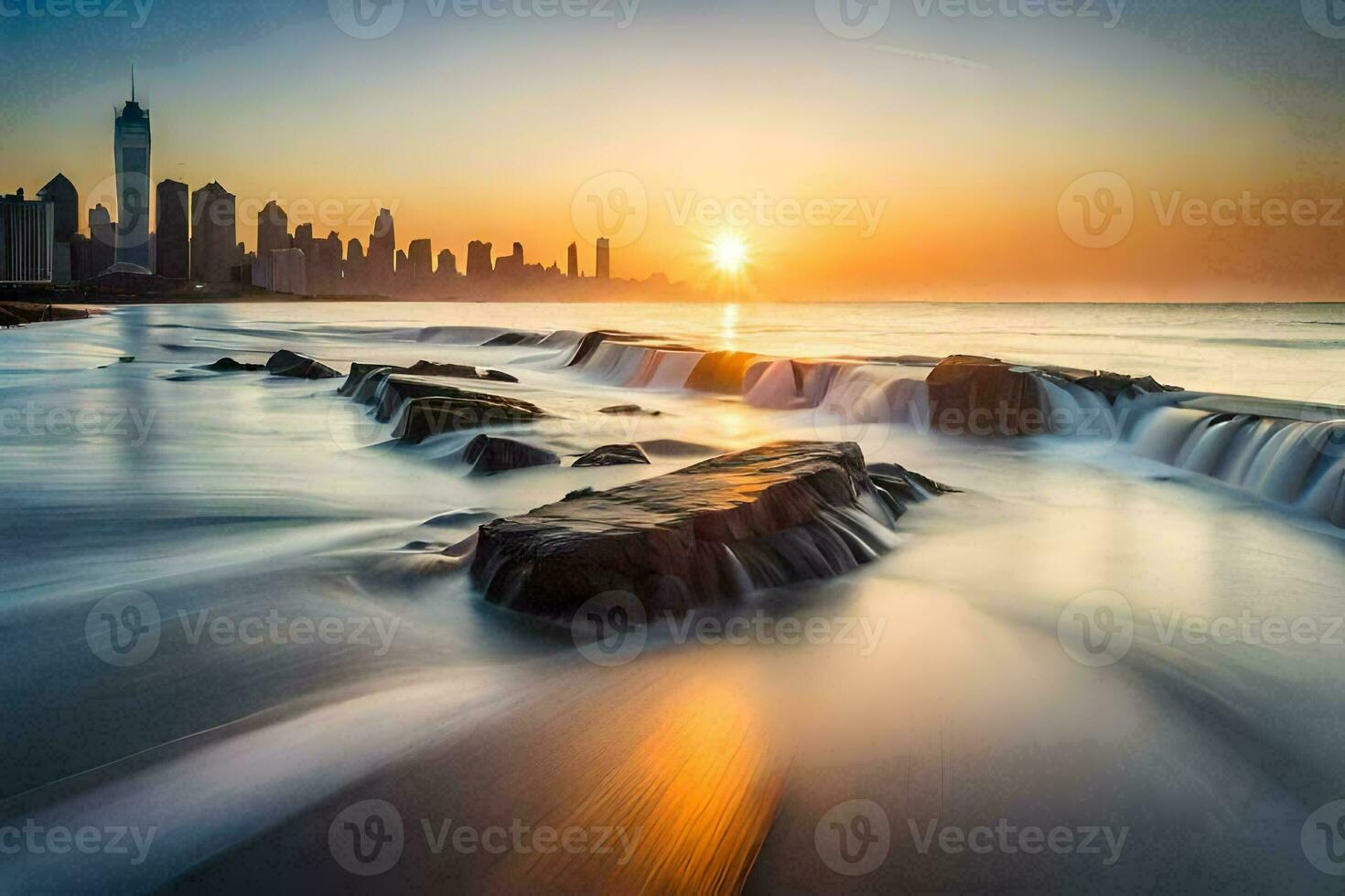 le Soleil ensembles plus de le ville horizon dans cette longue exposition photographier. généré par ai photo