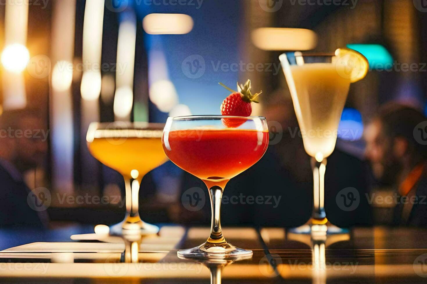 Trois différent les types de des cocktails sur une bar. généré par ai photo