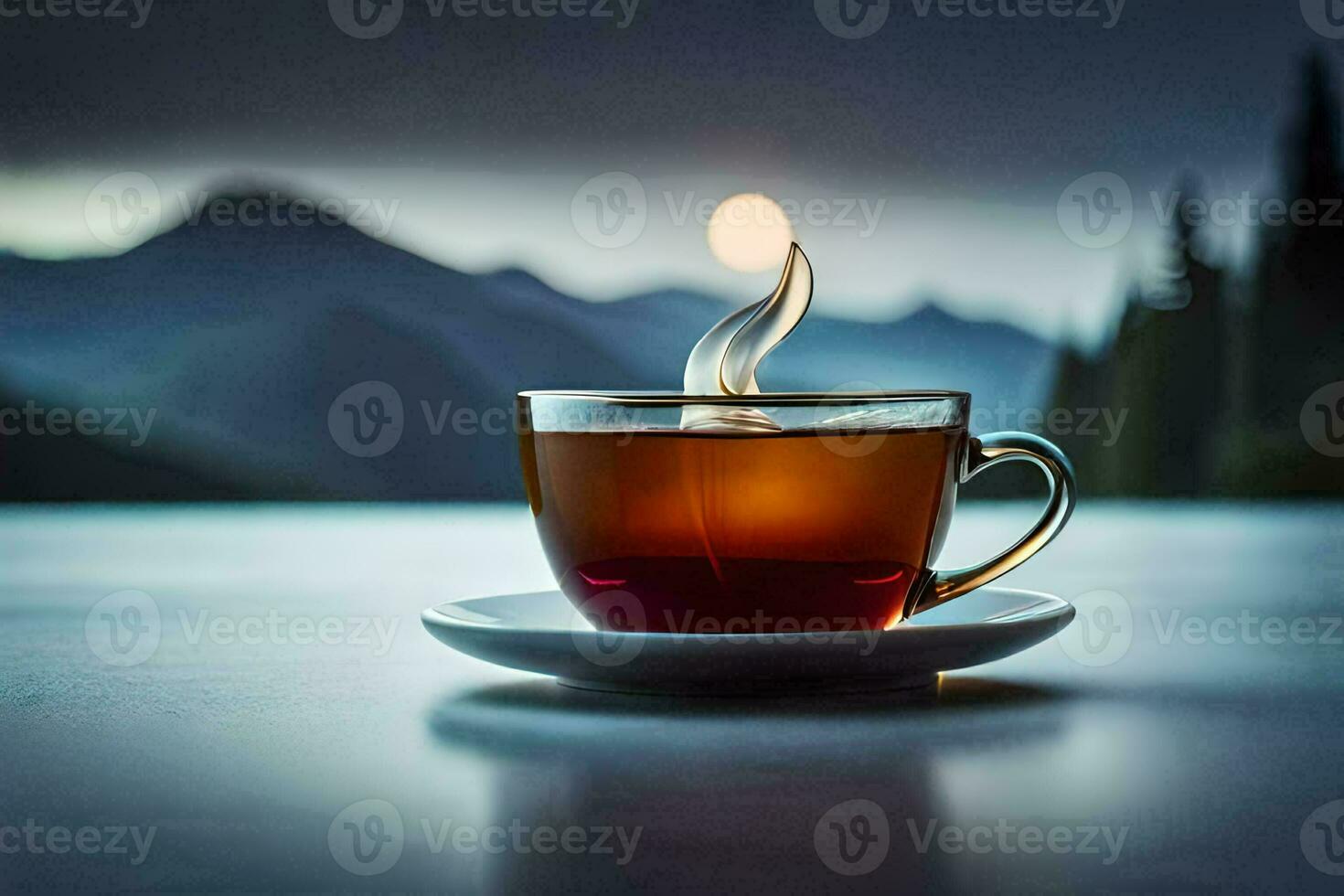 le clair de lune sur le montagnes, thé, tasse, HD fond d'écran. généré par ai photo