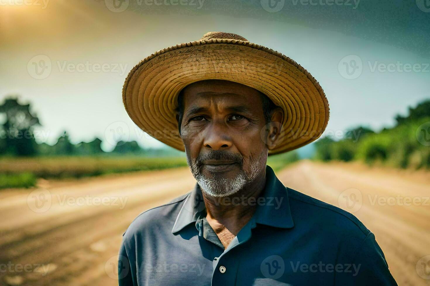 une homme portant une chapeau des stands sur une saleté route. généré par ai photo