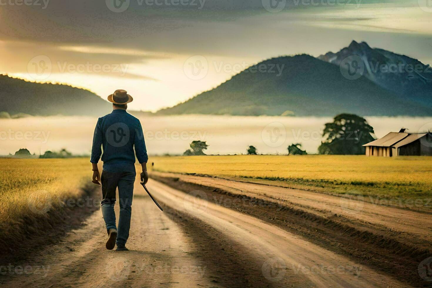 une homme en marchant vers le bas une saleté route avec une canne. généré par ai photo