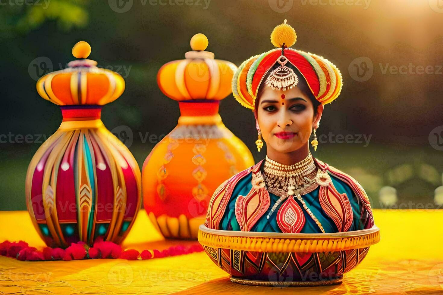 une femme dans traditionnel Indien robe est assis sur une table avec coloré vases. généré par ai photo