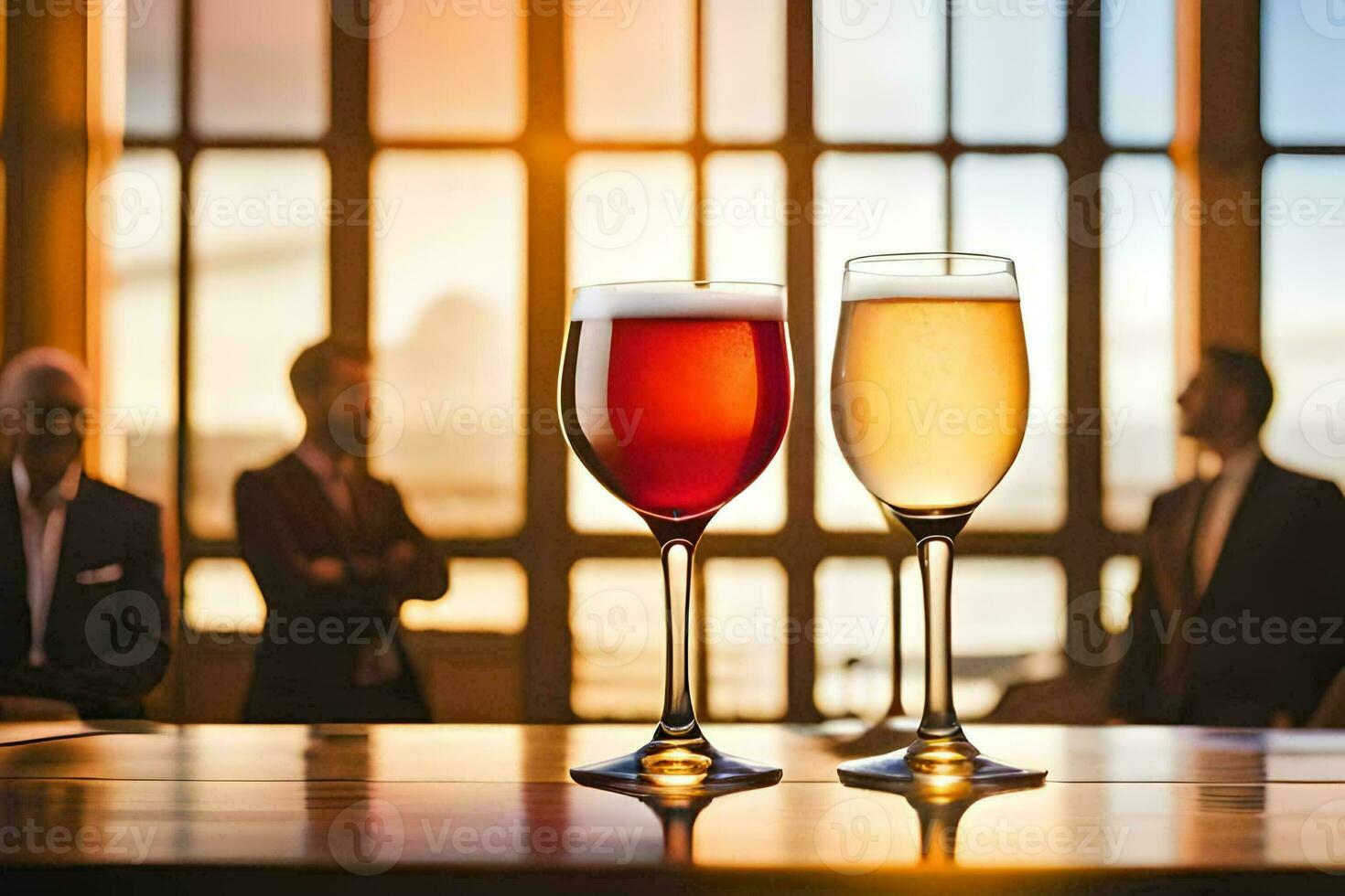 deux des lunettes de du vin sur une table dans de face de une la fenêtre. généré par ai photo