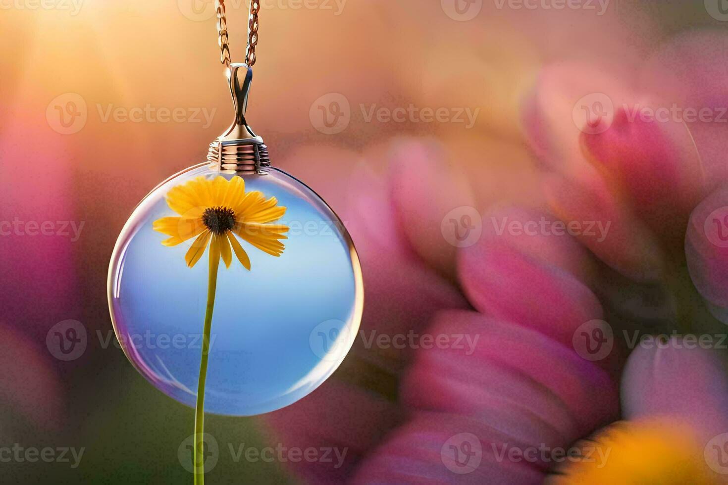 une fleur est dans une verre pendentif pendaison de une chaîne. généré par ai photo