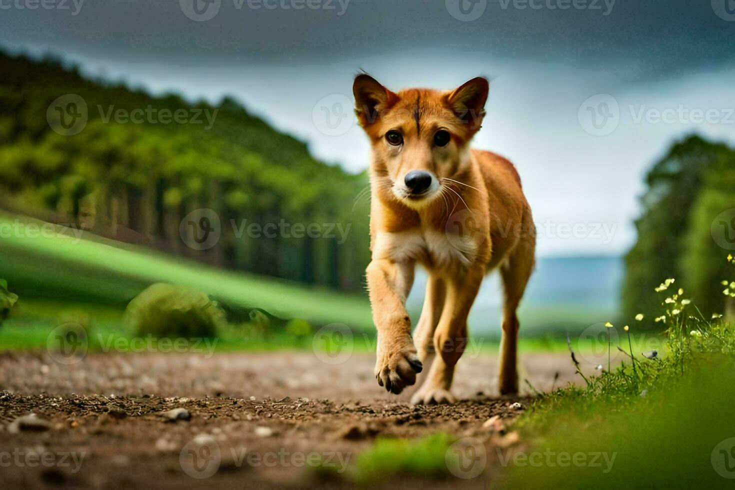 une chien fonctionnement sur une saleté route dans le milieu de une champ. généré par ai photo