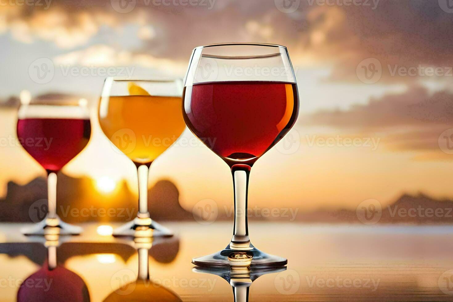 Trois des lunettes de du vin sur une table avec le Soleil réglage derrière eux. généré par ai photo