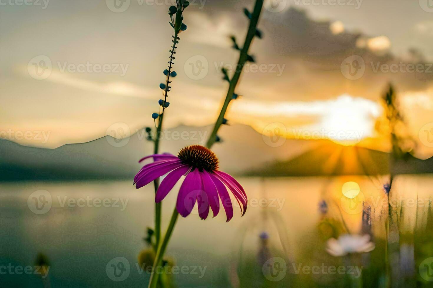 une violet fleur est dans de face de une Lac et montagnes. généré par ai photo