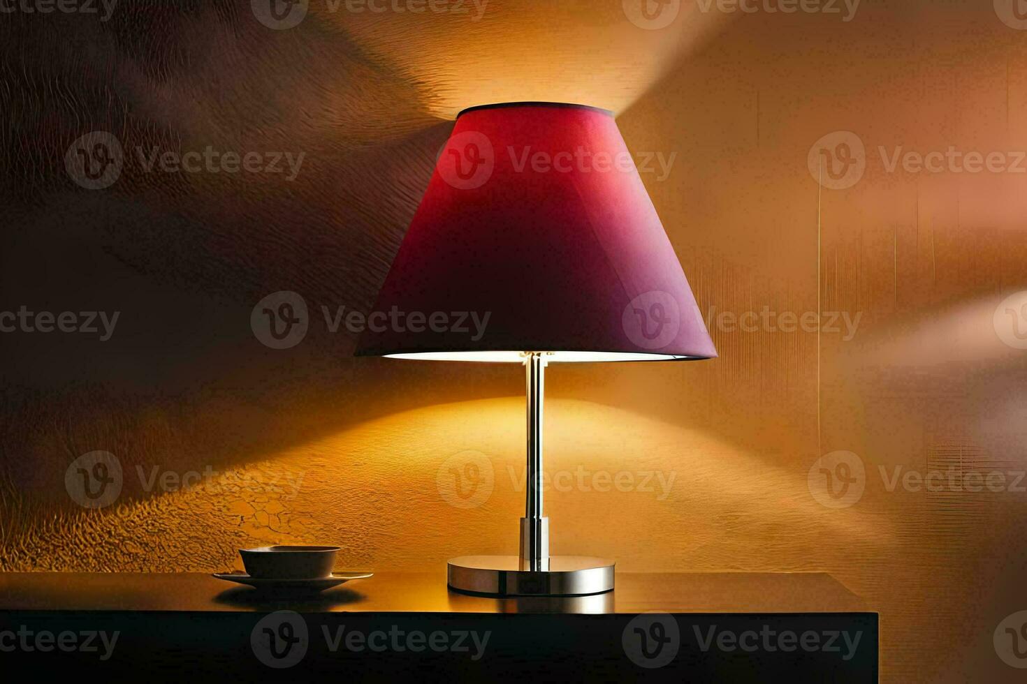 une table lampe avec une rouge ombre sur il. généré par ai photo