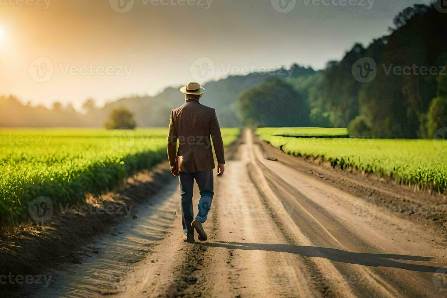 homme en marchant sur saleté route dans le milieu de une champ. généré par ai photo