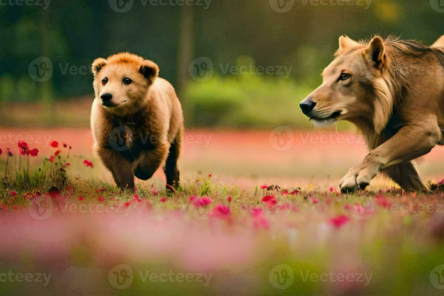 deux les Lions fonctionnement par une champ de fleurs. généré par ai photo