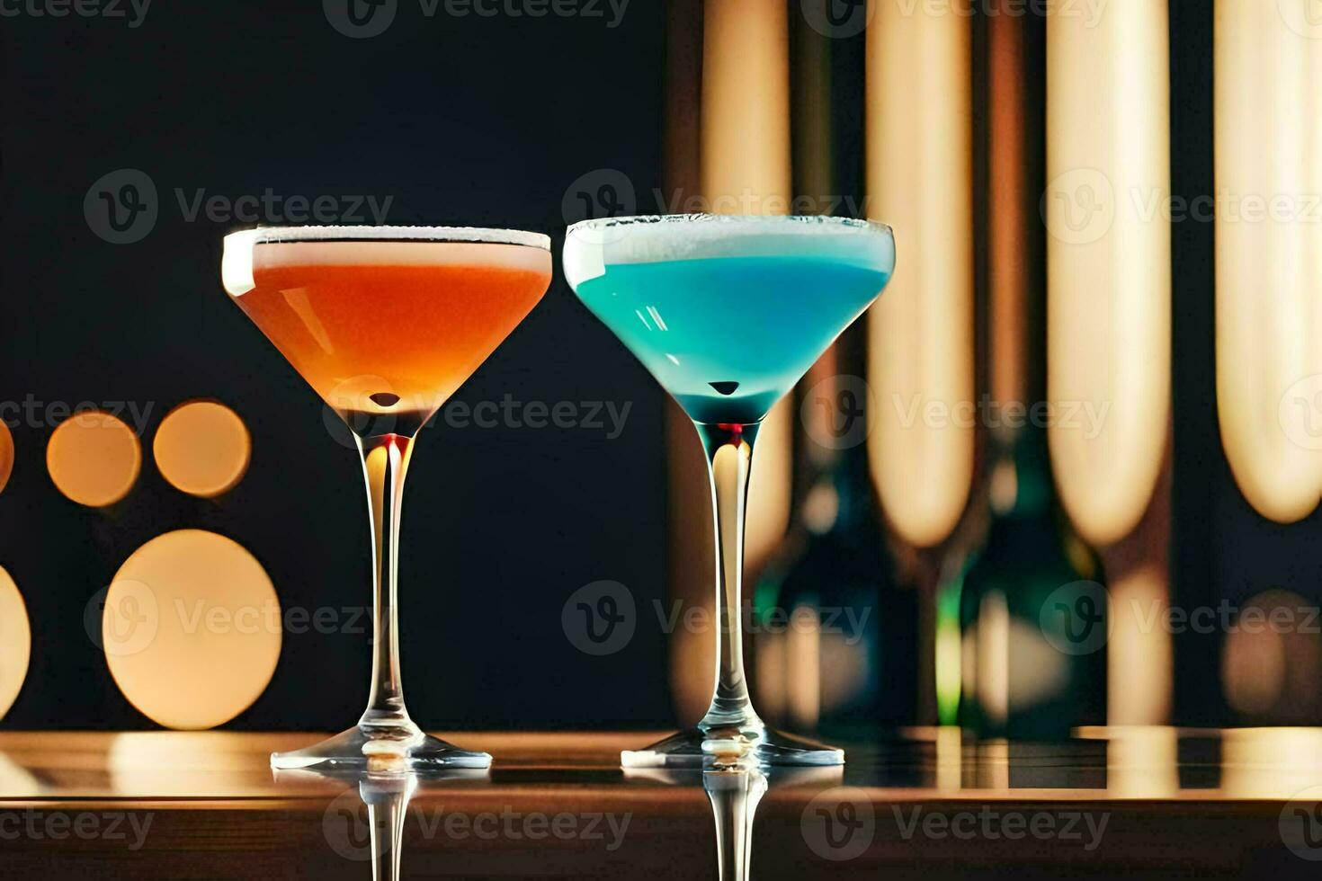 deux des cocktails asseoir sur une table dans de face de une floue Contexte. généré par ai photo