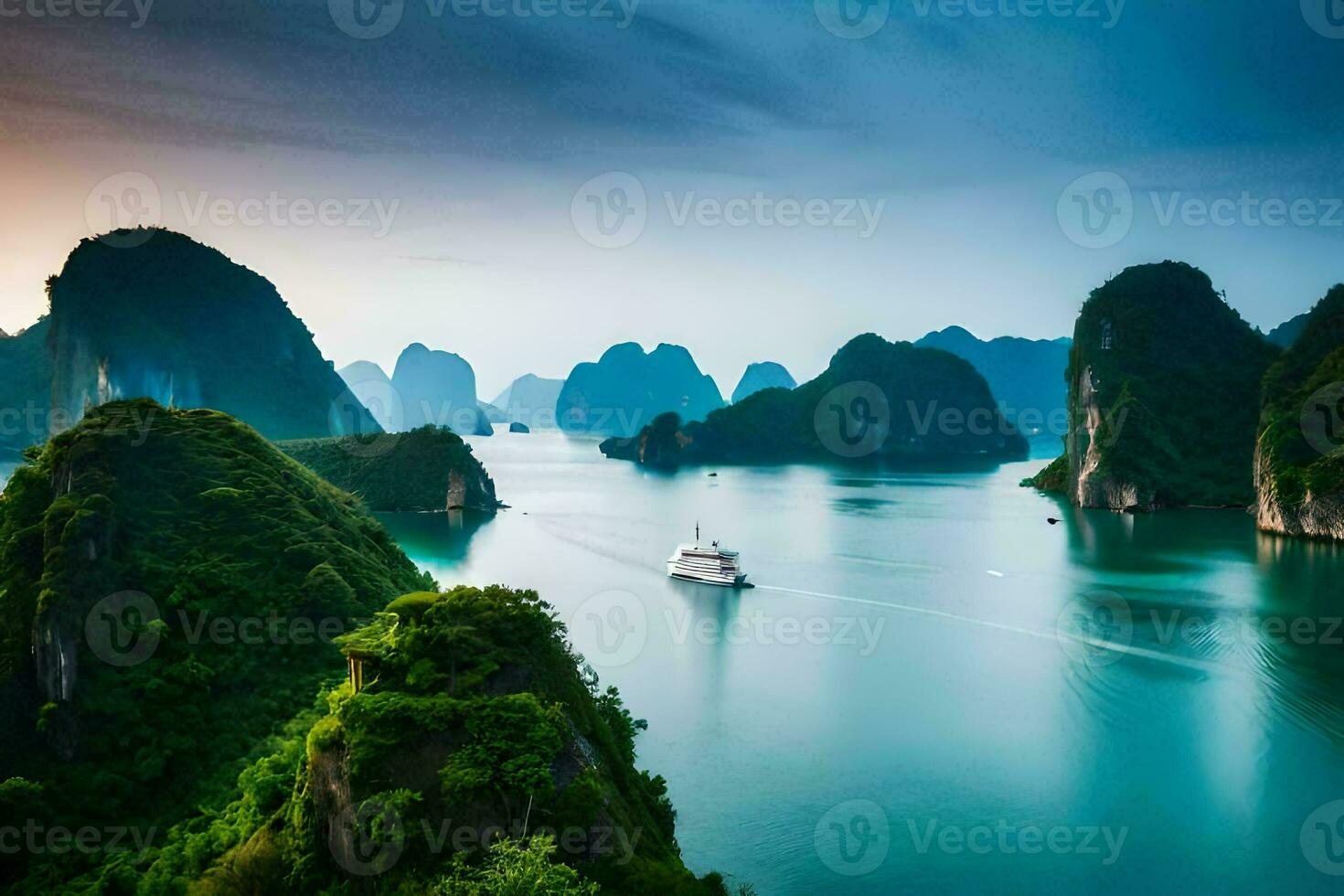 une bateau est voile par le l'eau près certains montagnes. généré par ai photo