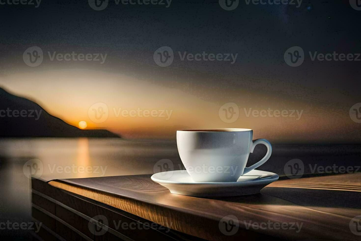 café tasse sur le table avec le Soleil réglage derrière il. généré par ai photo