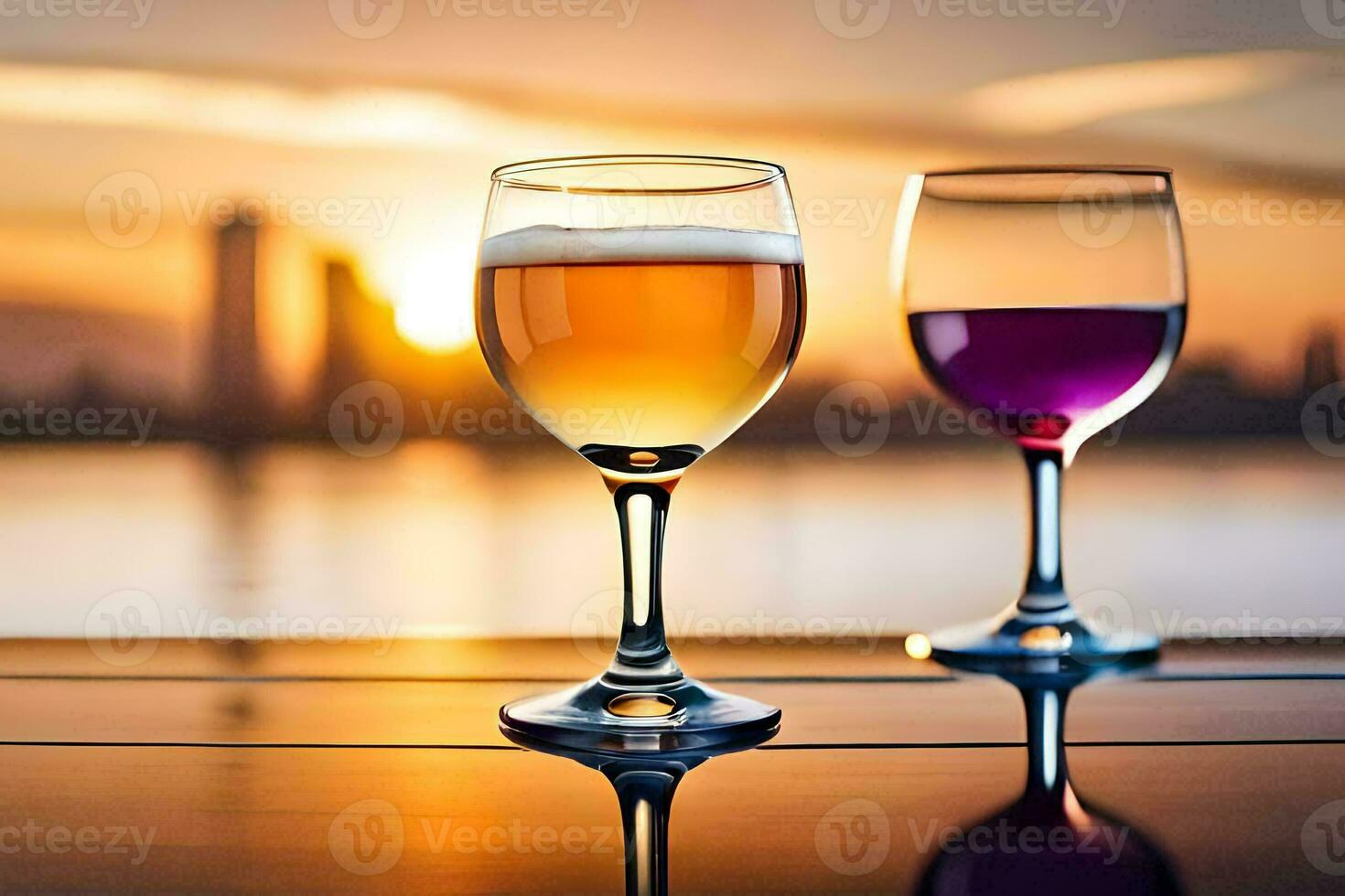 deux des lunettes de du vin sur une table avec une le coucher du soleil dans le Contexte. généré par ai photo