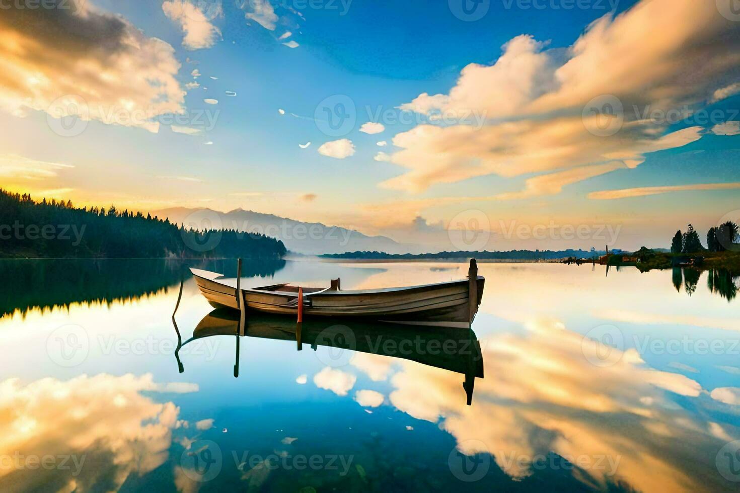 une bateau est séance sur le l'eau à le coucher du soleil. généré par ai photo