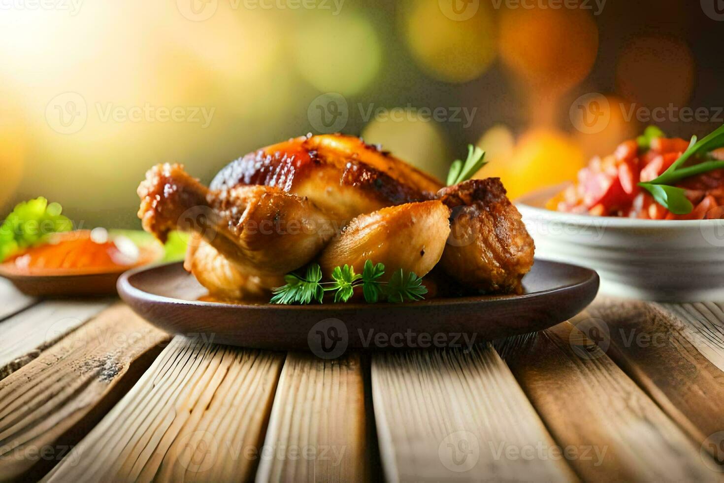 poulet sur une en bois table avec sauce et des légumes. généré par ai photo