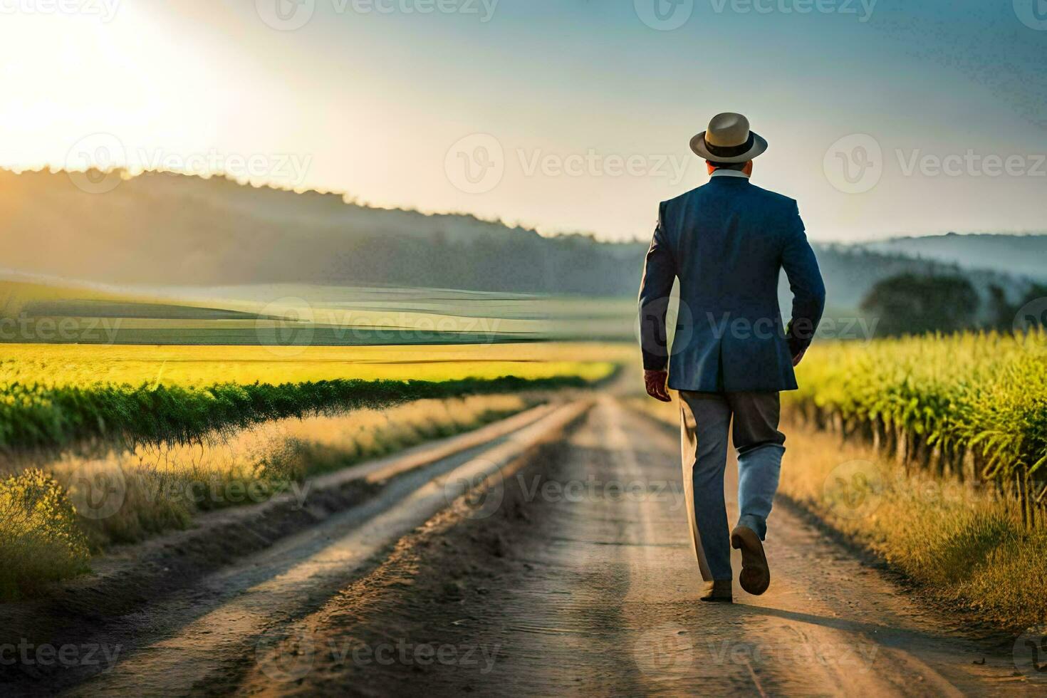 une homme dans une costume et chapeau des promenades vers le bas une saleté route. généré par ai photo