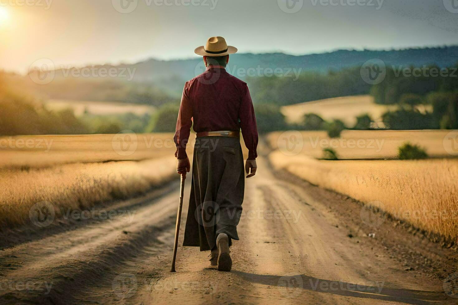 une homme en marchant vers le bas une saleté route avec une canne. généré par ai photo