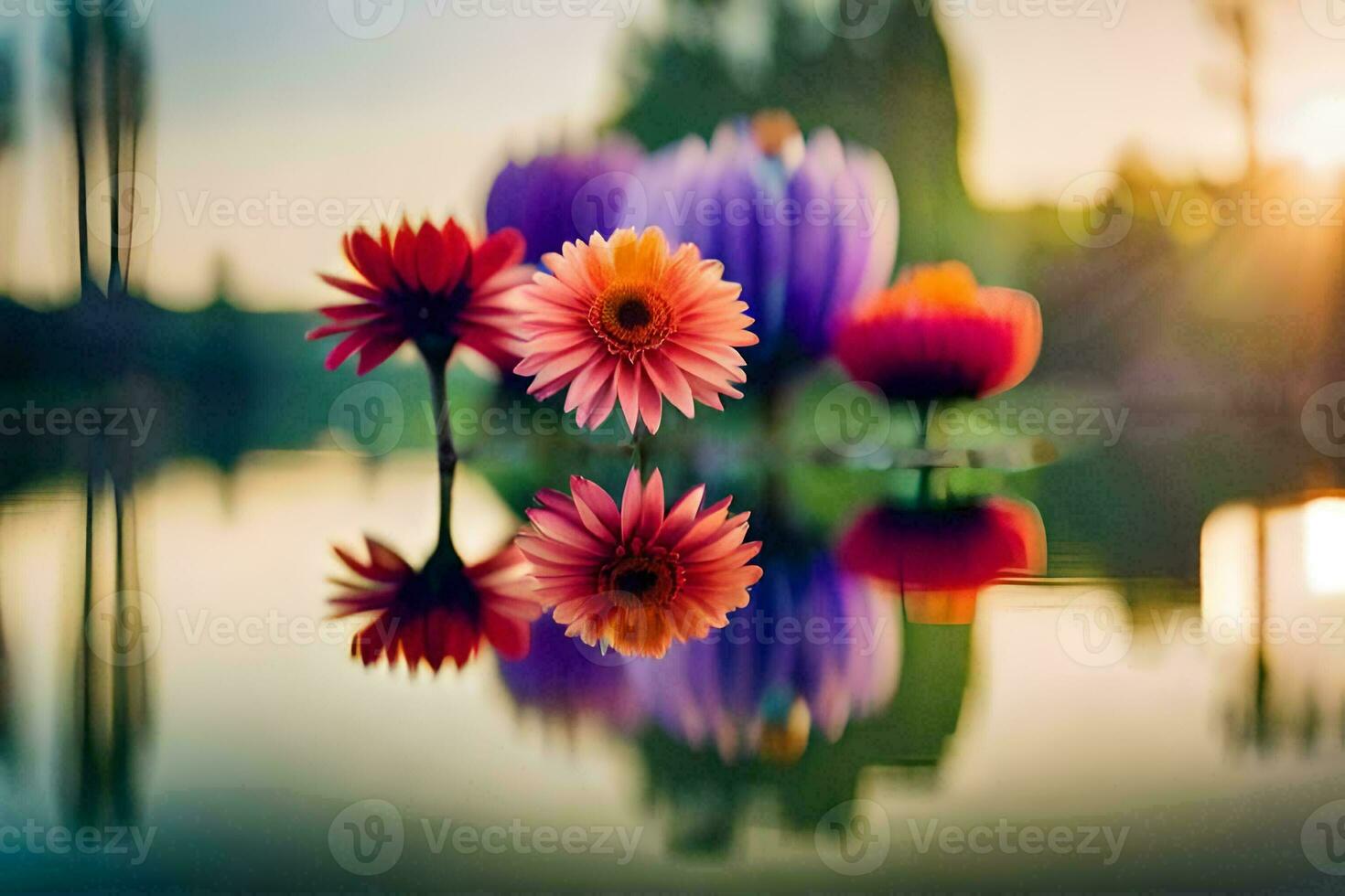 fleurs dans le eau, réflexion, eau, fleurs, HD fond d'écran. généré par ai photo