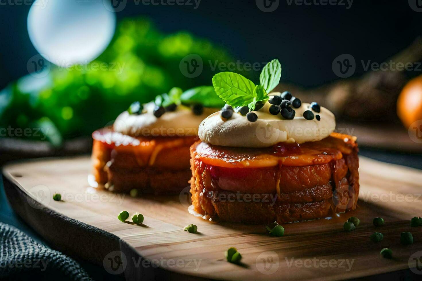 deux petit Gâteaux avec crème et menthe sur une en bois Coupe planche. généré par ai photo