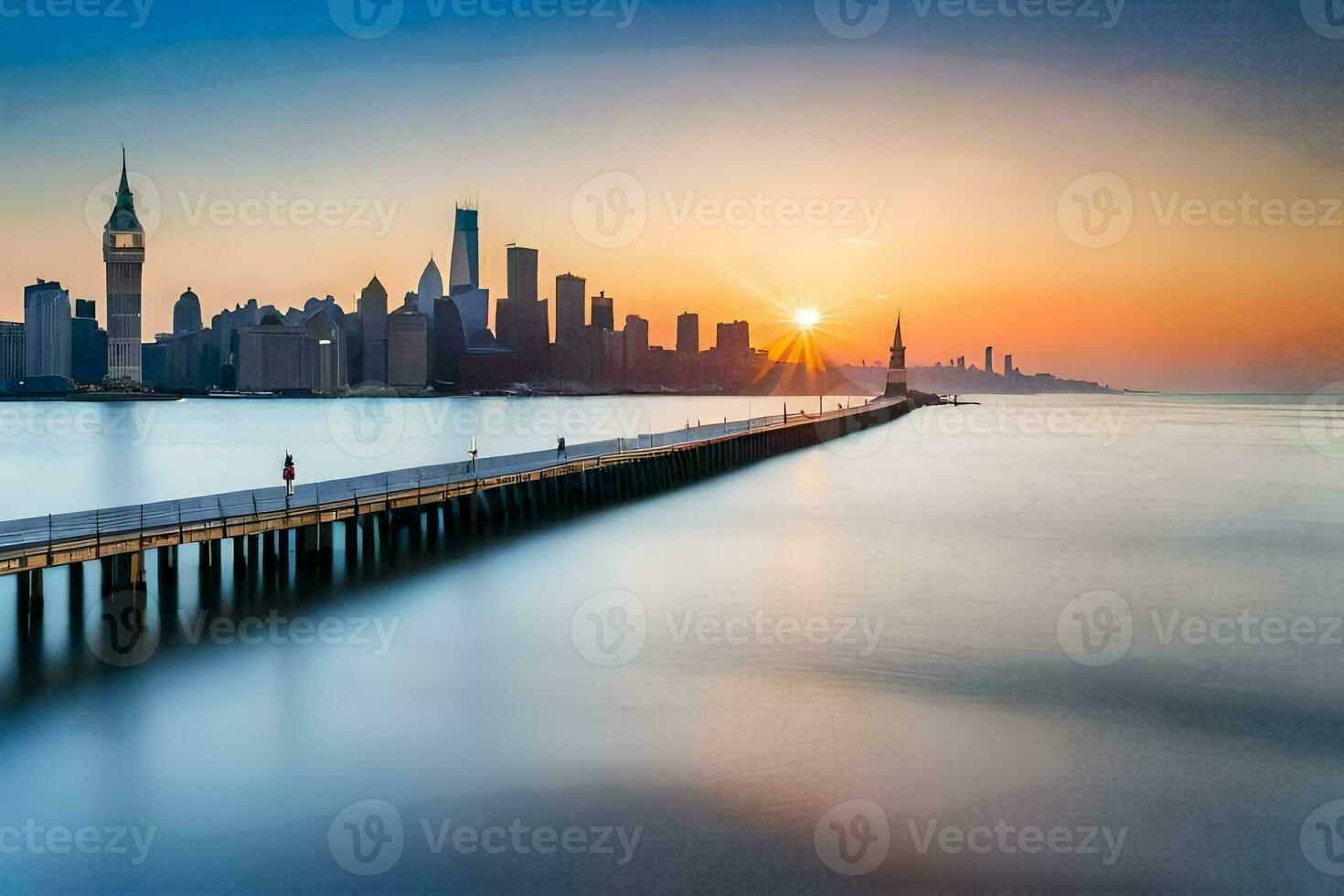 le Soleil monte plus de le ville horizon dans cette photo. généré par ai photo